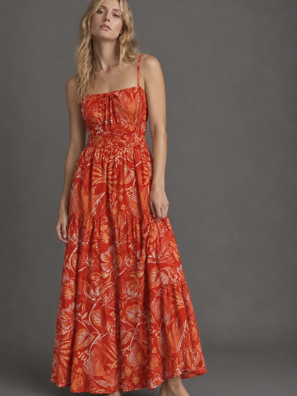 Red Floral Tiered Maxi Dress with Adjustable Straps